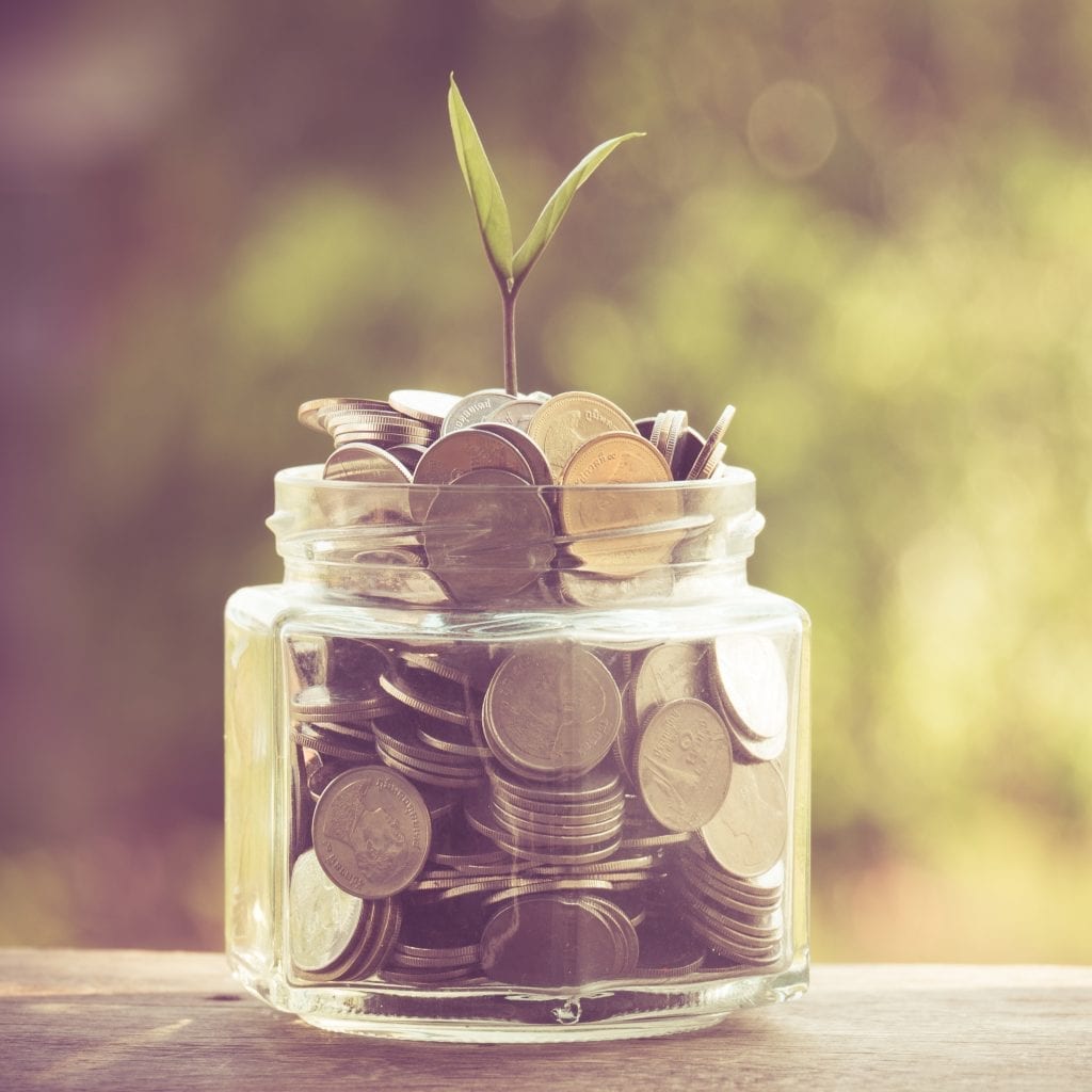 plant growing out of savings jar of coins